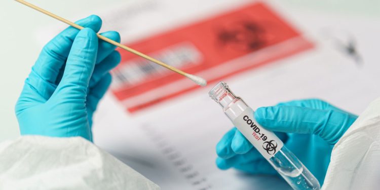 hand holding covid 19 swab collection kit specimen sample testing process