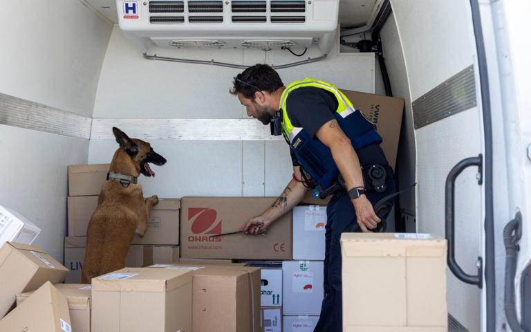 Pablo and Bonnie the sniffer dog inspect the contents of a van