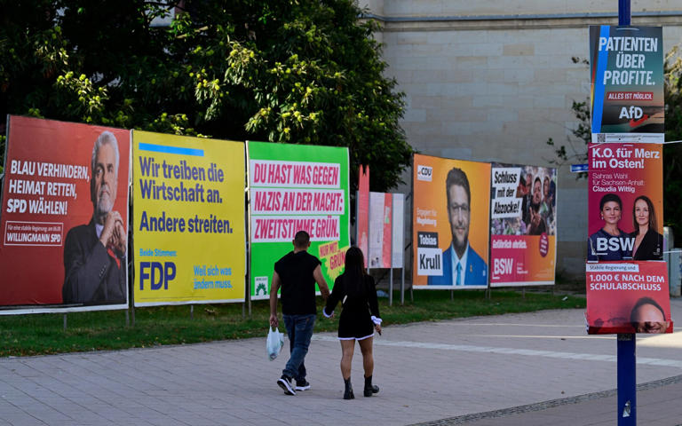 Campaign posters in Magdeburg. The state election has been fiercely contested and could see the AfD break through the ‘firewall’ separating it from mainstream politics