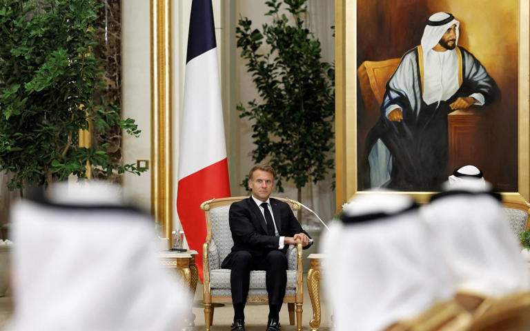 Mr Macron, pictured in the UAE, spoke of ‘anger and shame’ before jetting off on his Middle East tour but offered no concrete action