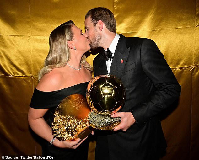 Harry Kane and his wife Kate Goodland shared a kiss after he won the striker award (left) and Ballon d'Or (right) on Monday night.